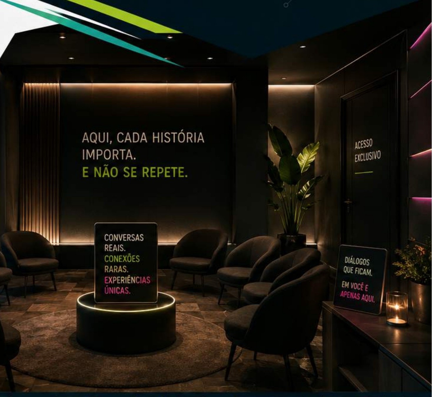 Sala de encontro com poltronas em círculo e painéis iluminados