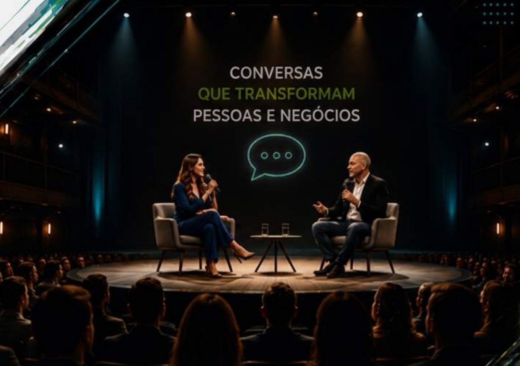 Kauana Yrina e Tande conversando no palco diante da plateia